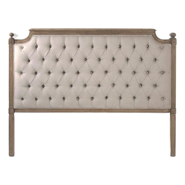 Louis Tufted Headboard, Queen in Natural Linen with Natural Oak Frame For Sale