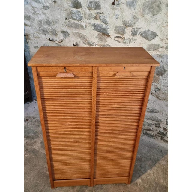 Mid-Century Modern Vintage French Tambour Cabinet in Oak, 1960s For Sale - Image 3 of 18