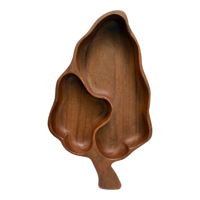 Vintage 1970s Monkey Pod Large Wood Leaf Tray For Sale