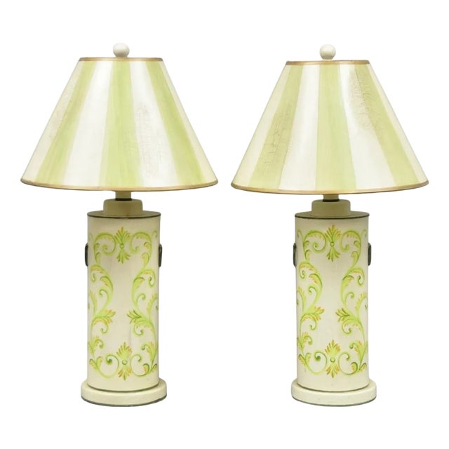 Late 20th Century French Country Cream & Green Distressed Tole Metal Cylinder Table Lamps - A Pair For Sale