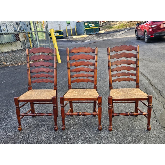Late 20th Century Set of Six English Oak Faux Bamboo Mahogany Six-Splat Ladder Back Chairs With Rush Seats For Sale - Image 12 of 13