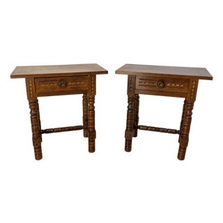 Mid-Century Spanish Style Bedside Tables in Oak, France, 1960s, Set of 2 For Sale