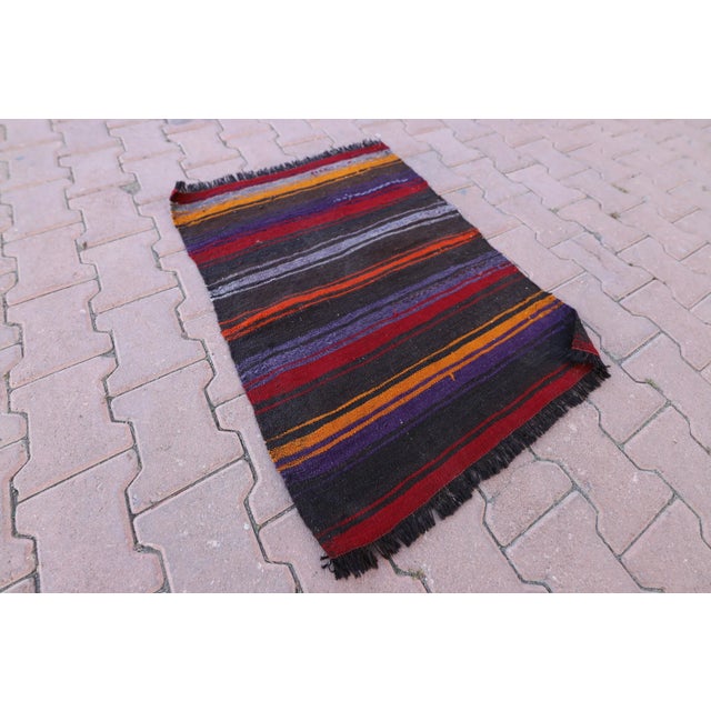 Tribal Black Striped Hand Knotted Kilim Rug Size: 2.2 x 2.9 ft ( 68 x 88 cm) 26 x 34 inches Color: Organic Natural Dye (...