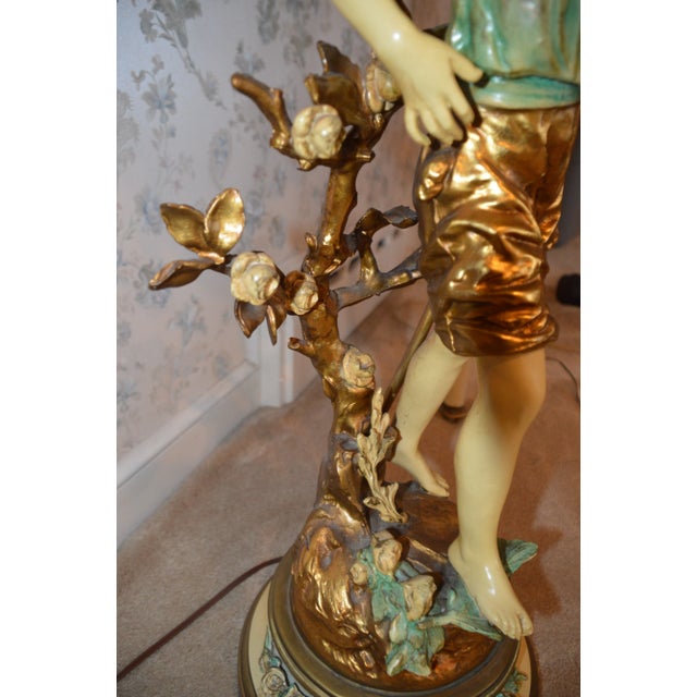 Metal Vintage Large Mid 20th Century L & F Moreau Hand Painted Spelter Boy Table Lamp For Sale - Image 7 of 12