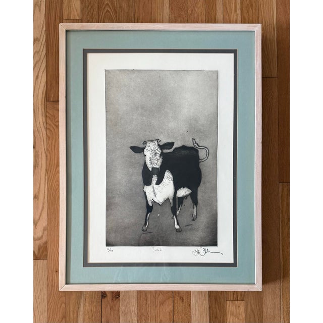 Large stylized etching print of a black and white dairy cow titled "Bullock". Signed (unknown) and numbered 30/70. Green...