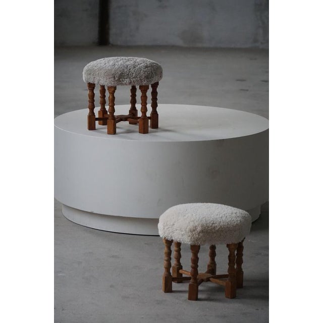 Mid-Century Danish Oak Stools with Shearling Lambswool Upholstery, 1950s, Set of 2 For Sale - Image 3 of 15