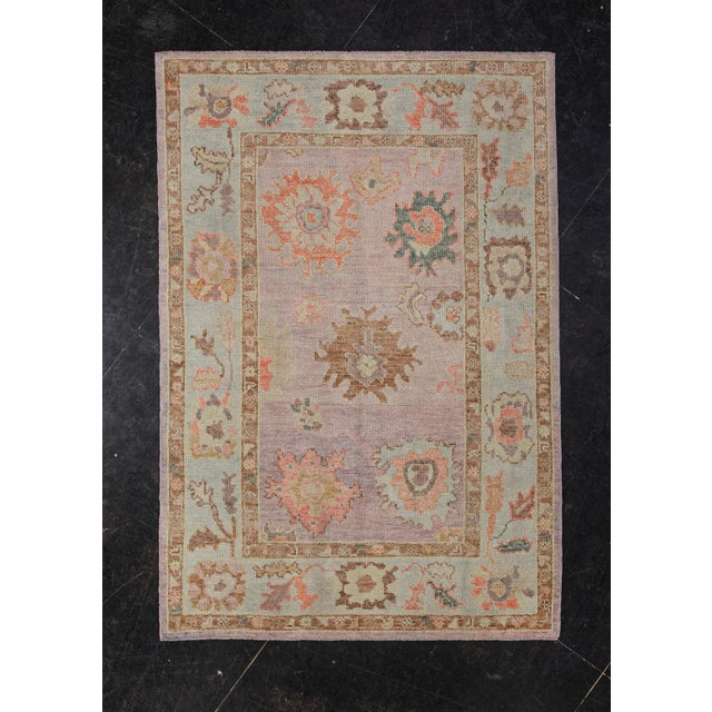 Lavender Turkish Oushak Rug Lavender Coral Soft Brown Handwoven Wool Rug 4'2" X 6'1" For Sale - Image 8 of 8