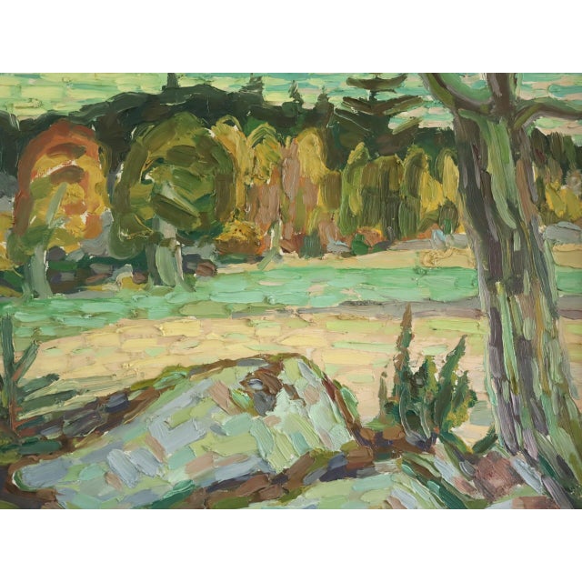 Green Mid-Century Modern 'Autumn Meadow' Vintage Original Landscape Oil Painting, Framed For Sale - Image 8 of 11