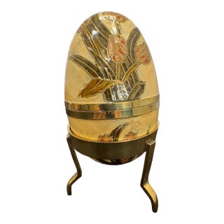 Vintage Gold Beige Cloisonne Enamel Brass Egg on Stand Lift Off Trinket Box 6" For Sale