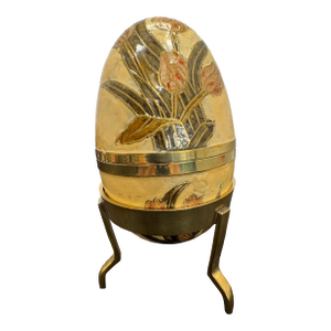 Vintage Gold Beige Cloisonne Enamel Brass Egg on Stand Lift Off Trinket Box 6"