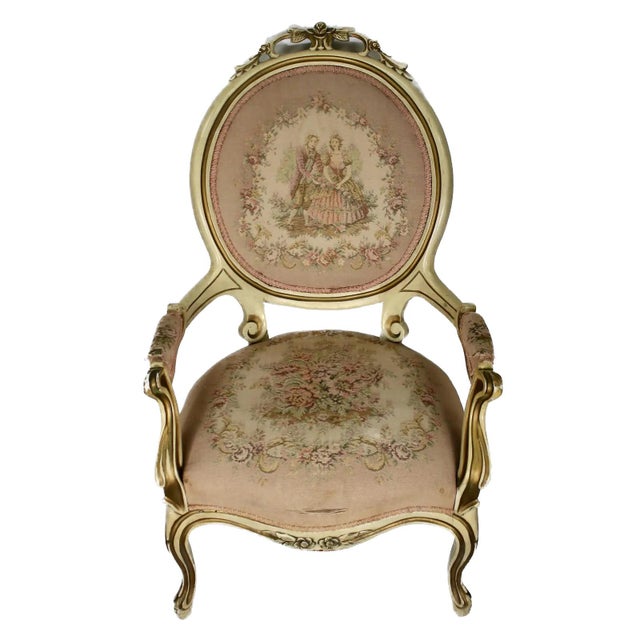 Antique Louis XVI Style Painted Aubusson Fauteuil Armchair For Sale - Image 4 of 11