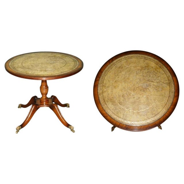 Flamed Hardwood Heritage Green Leather Top & Brass Lions Paw Castor Side Table For Sale - Image 11 of 11