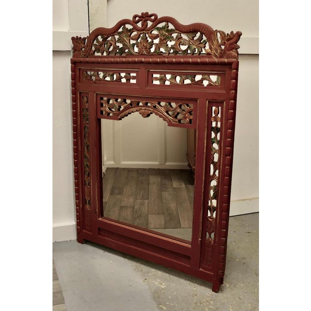 19th Century Oriental Painted Red Lacquer Mirror, 1880s For Sale - Image 3 of 8