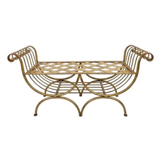 Vintage Gold Gilt Metal Bench With Scrollwork Arms For Sale