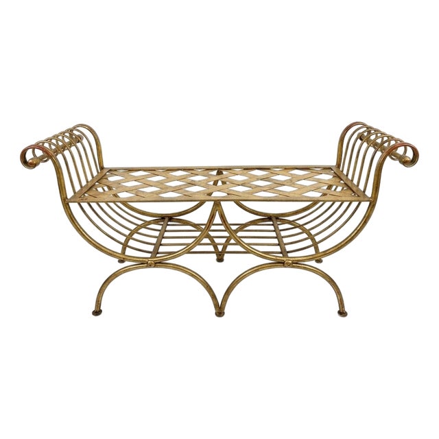 Vintage Gold Gilt Metal Bench With Scrollwork Arms For Sale