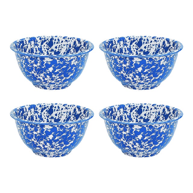 Crow Canyon Home Splatterware, 14 oz. Small Footed Bowls in Blue & White - Set of 4 For Sale