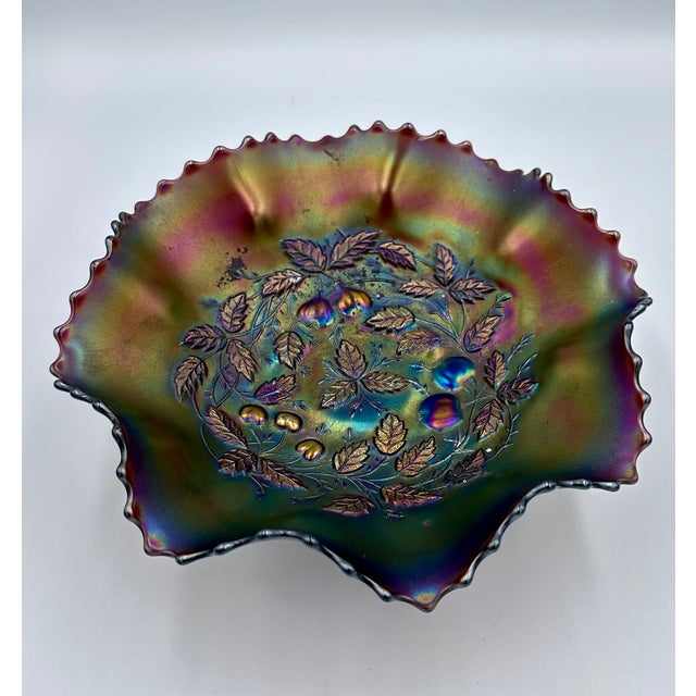 Carnival Glass Northwood Three Fruits Medallion Amethyst Footed Bowl For Sale In Palm Springs - Image 6 of 9