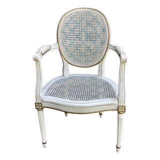 Louis XVI Style Caned Medallion Armchair in White and Blue, 1950s For Sale