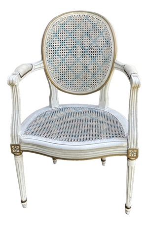 Louis XVI Style Caned Medallion Armchair in White and Blue, 1950s