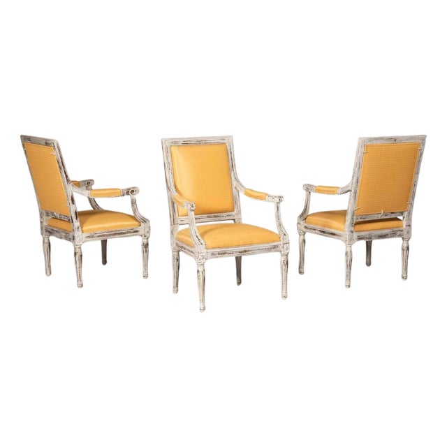 Louis XVI Style Distressed Armchairs, 1950, Set of 3 For Sale