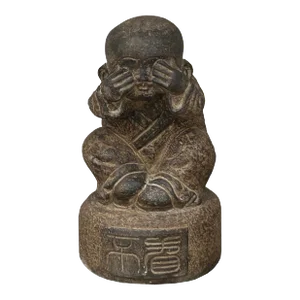 Oriental Gray Stone Little Lohon Monk Covering Eyes Statue