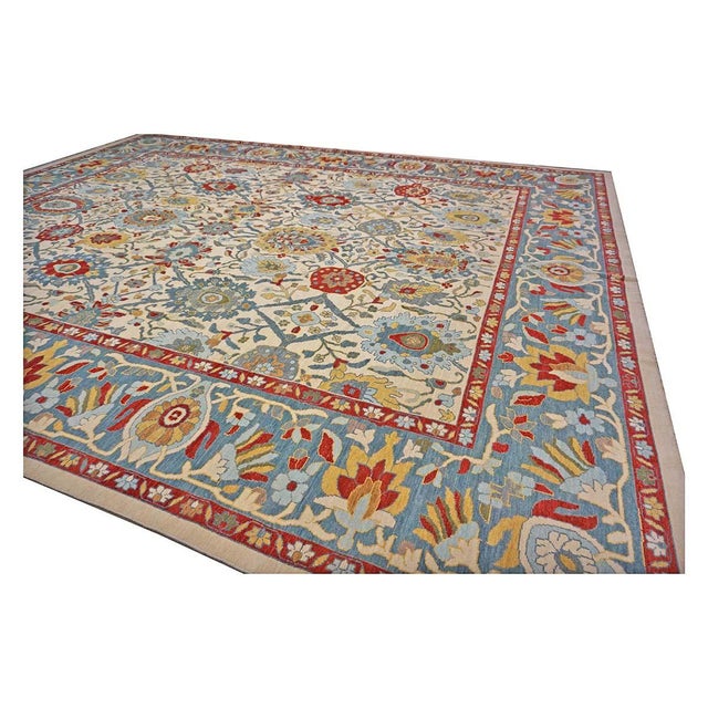 Afghan Sultanabad Wool 13x16 Ivory, Red & Light Blue Handmade Area Rug #1143763 For Sale In Houston - Image 6 of 11