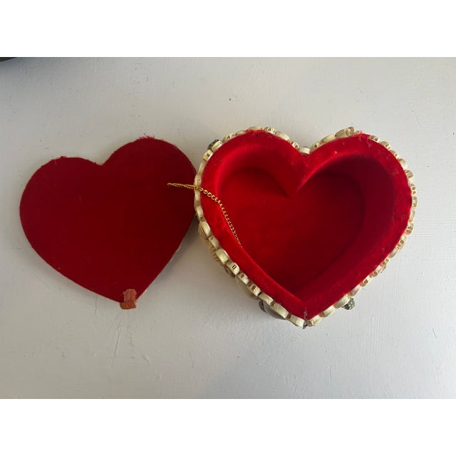 Mid-Century Modern Vintage Seashell Heart Trinket Box | Red Velvet Lined Coastal Keepsake For Sale - Image 3 of 10