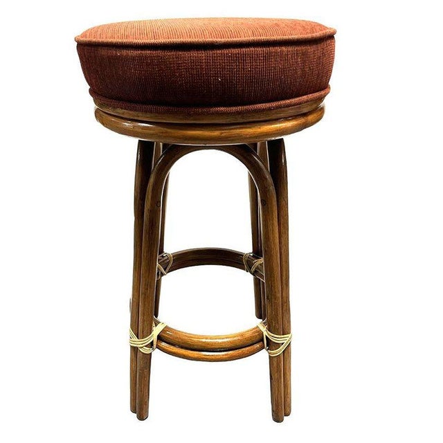 1950s Restored Rattan Double Stand Arched Leg Barstool With Red Seat- Set of 6 For Sale - Image 4 of 6