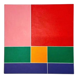 Vintage Square Hard Edge Abstract Op Art Geometric Painting in the Manner of Mondrian, by George Palethorpe For Sale
