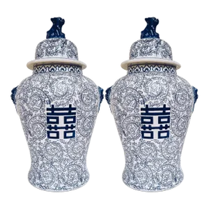 Large Blue & White Double Happiness Temple Ginger Jars - a Pair
