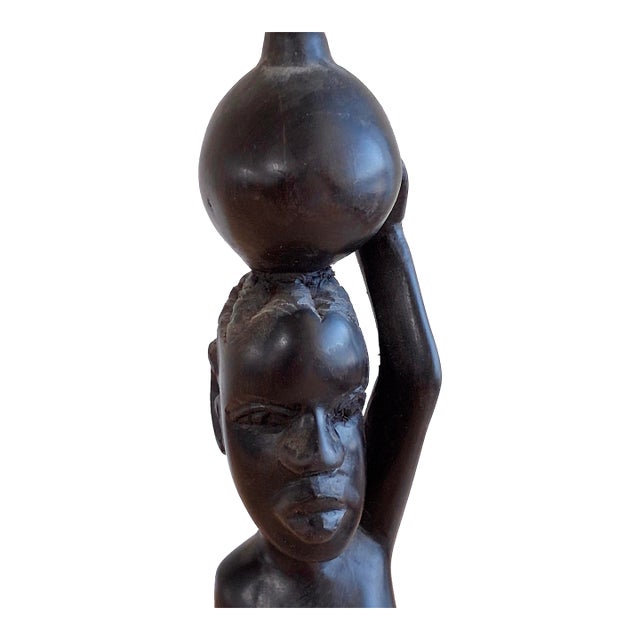 Hand Carved Angola Wood Sculpture Woman Carrying Water Jar African Folk Art 10” For Sale