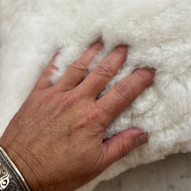Tribal White Alpaca Fleece Pillow Suede Back With New Feather Down Insert For Sale - Image 3 of 8