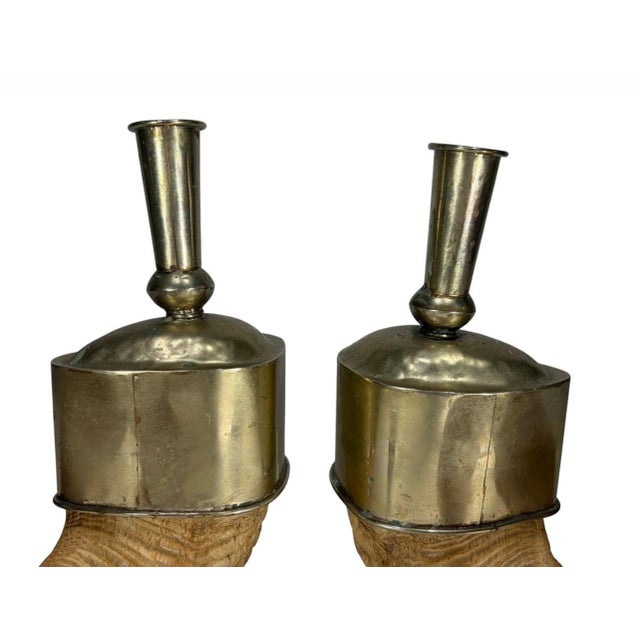 Mid 20th Century Pair of Ram Horns, Metal Lapis Lazuli Candlesticks For Sale - Image 4 of 12