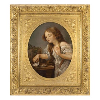 Young Girl with Her Bird, 19th Century, Oil on Canvas For Sale