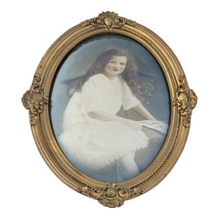 Hand-Colored or Tinted Photograph Portrait of Young Girl in Antique Oval Gesso Frame Under Convex Bubble Glass For Sale