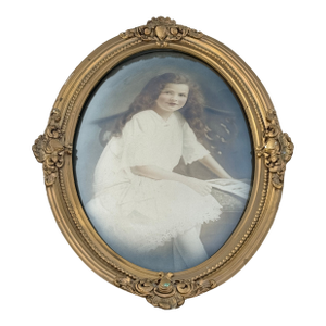 Hand-Colored or Tinted Photograph Portrait of Young Girl in Antique Oval Gesso Frame Under Convex Bubble Glass