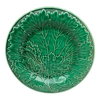 French Green Majolica Leaves Plate Montereau, Circa 1890 For Sale