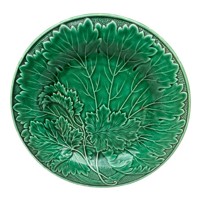 French Green Majolica Leaves Plate Montereau, Circa 1890 For Sale