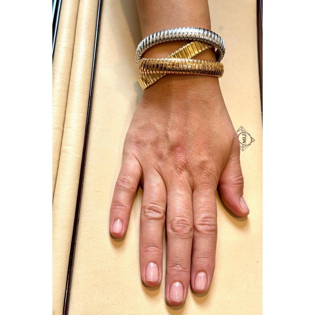 Estate " H Gold" Tri Color Interwoven Rolling Stretch Bracelet 18yg, Rg, Wg 87Gm For Sale - Image 16 of 17