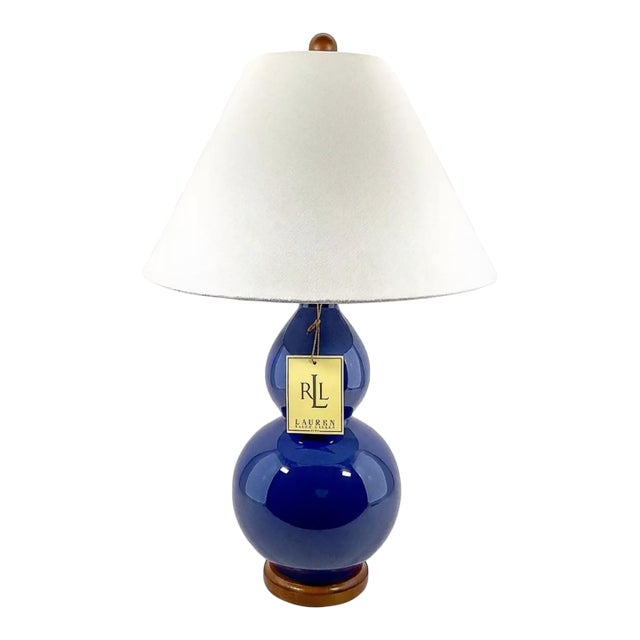 1990s Ralph Lauren Large Table Lamp Porcelain Blue Large With Shade For Sale
