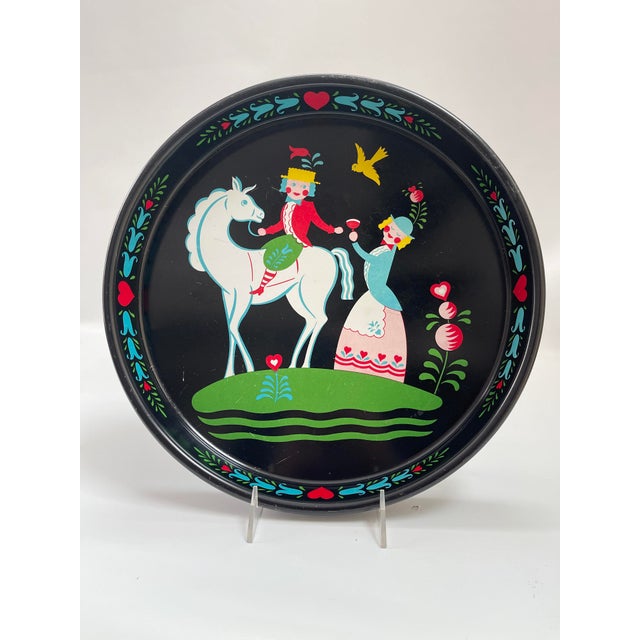 Vintage Scandinavian Folk Art Metal Tray W/ Horse For Sale - Image 4 of 7