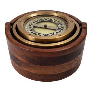 Early 20th Century Gimbaled Brass Deck Compass, Circular Wood Housing For Sale