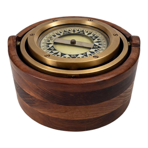 Early 20th Century Gimbaled Brass Deck Compass, Circular Wood Housing