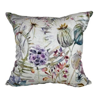 20" Square Decorative Throw Pillow With a Beautiful Muted Water Color Look Floral Pattern in Blues and Pinks - Made in U K For Sale