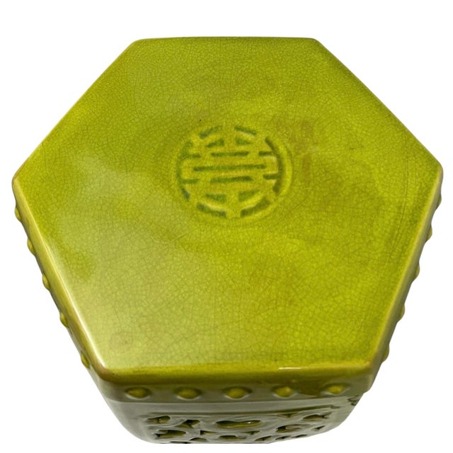 Ceramic Mid Century Hexagonal Avocado Green Garden Stool For Sale - Image 7 of 9