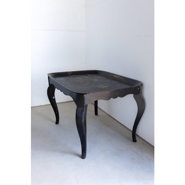Ebonized Chinoiserie Coffee Table With Hand Painted Tole Top For Sale - Image 9 of 9