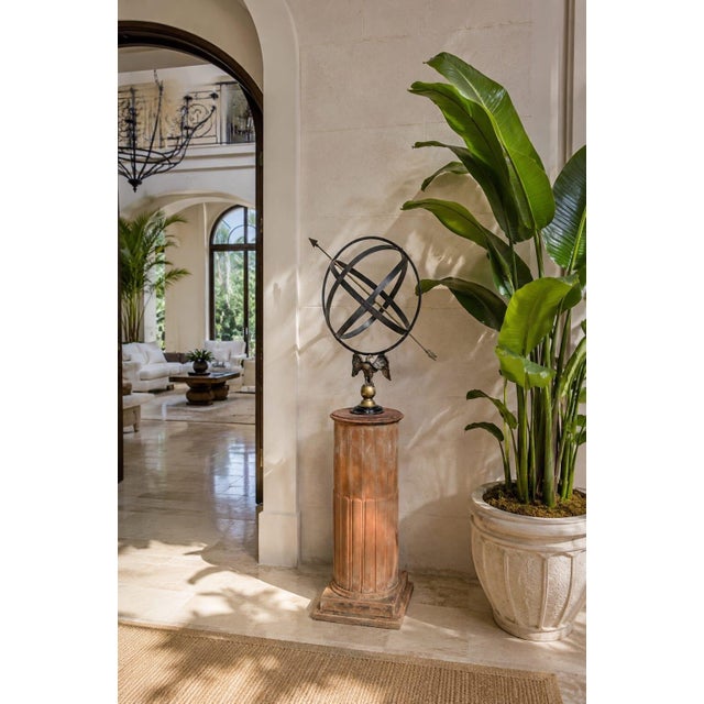 Neoclassical Wrought Iron Armillary Sphere Sundial on Fluted Terracotta Pedestal For Sale - Image 11 of 12