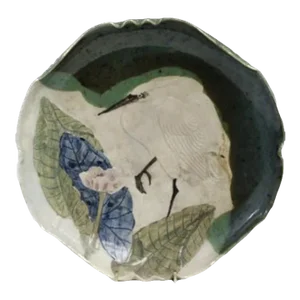 1950s Japanese Pottery Charger With Egret and Lotus Flower Decoration