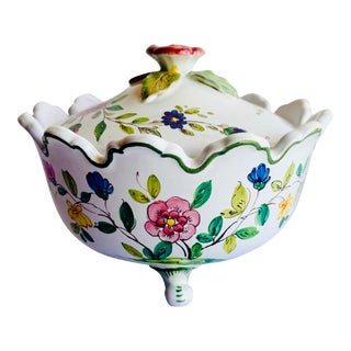 Hand Painted Vintage Italian Lidded Dish With Flowers For Sale