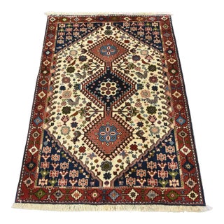Yalameh Rug 3'5'' X 4'11'' Ivory Wool Vintage Tribal Hand-Knotted Carpet For Sale